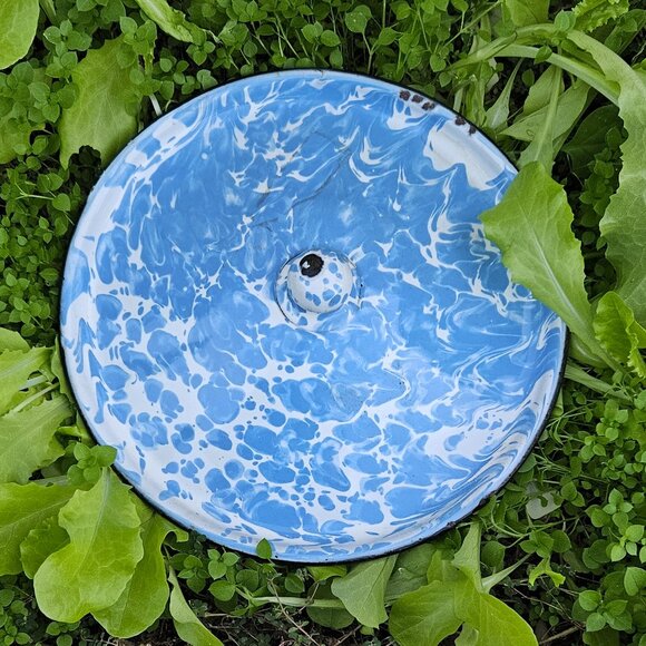 Blue & White Swirl Enamelware Agateware Graniteware Lid with Round Knob - Picture 1 of 13